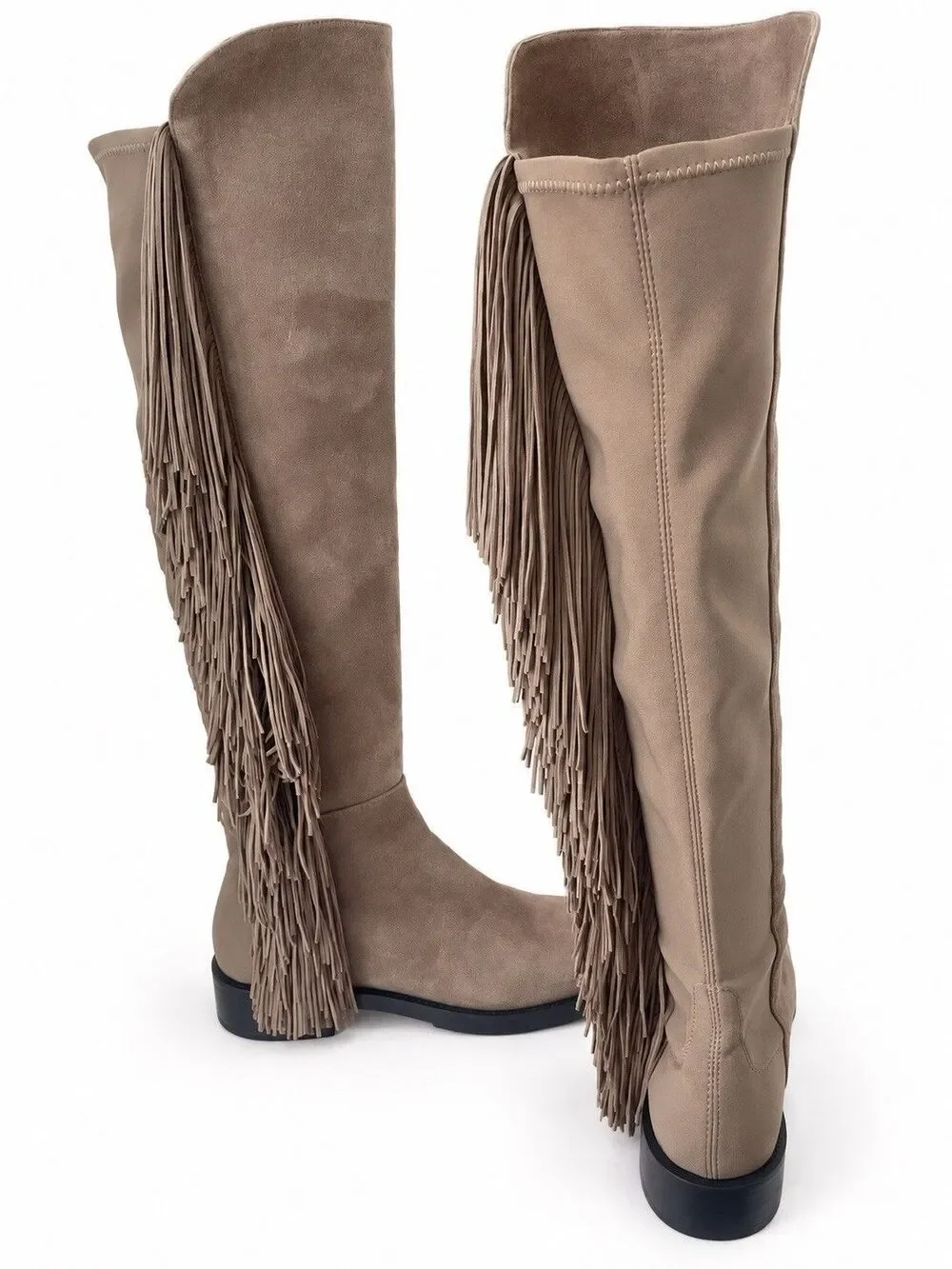 Stuart Weitzman Mane Fringe Over the Knee Taupe Beige Suede 50/50 Boots 8 NEW